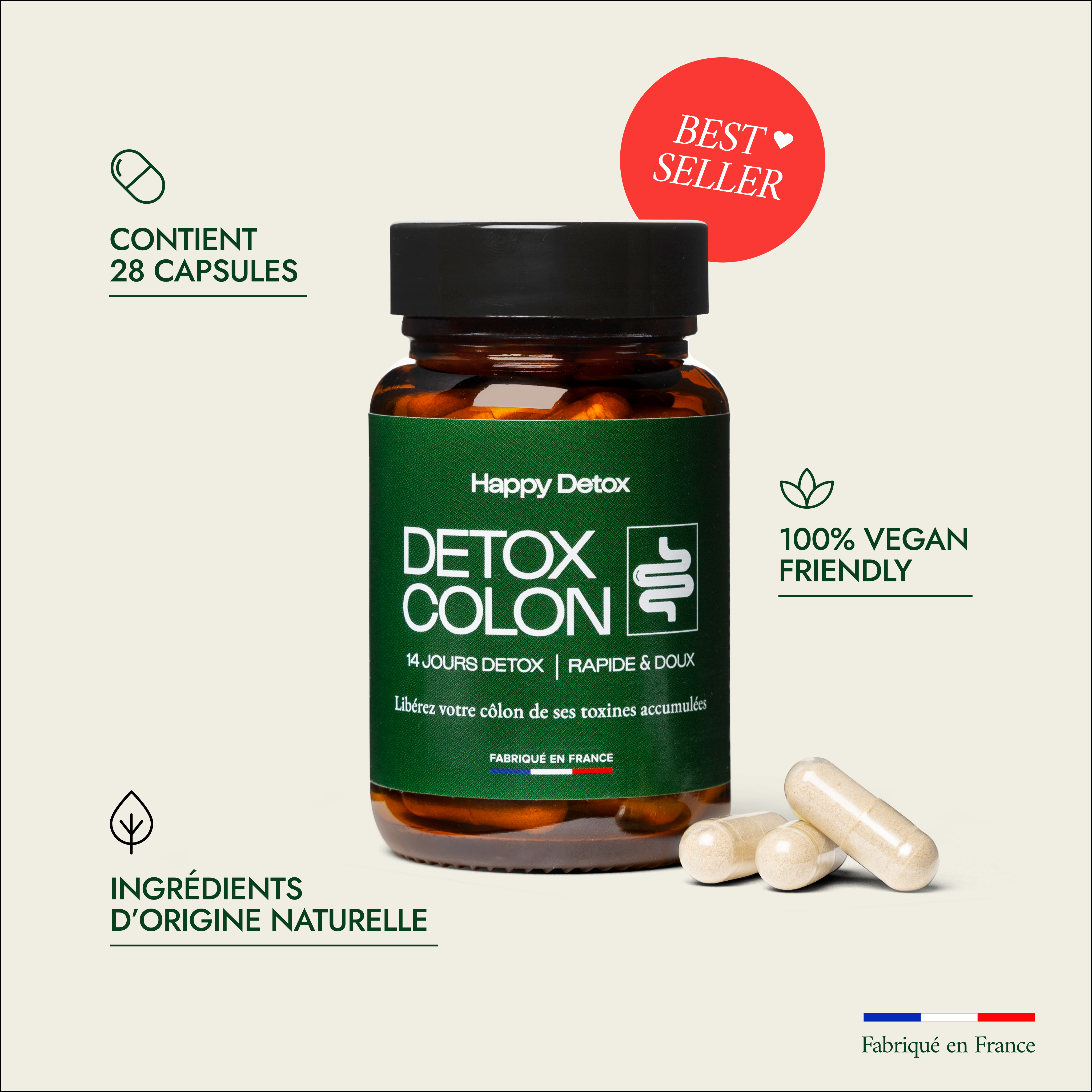 Bottle of detox capsules labeled 'Detox Colon', 14-day detox, vegan-friendly.