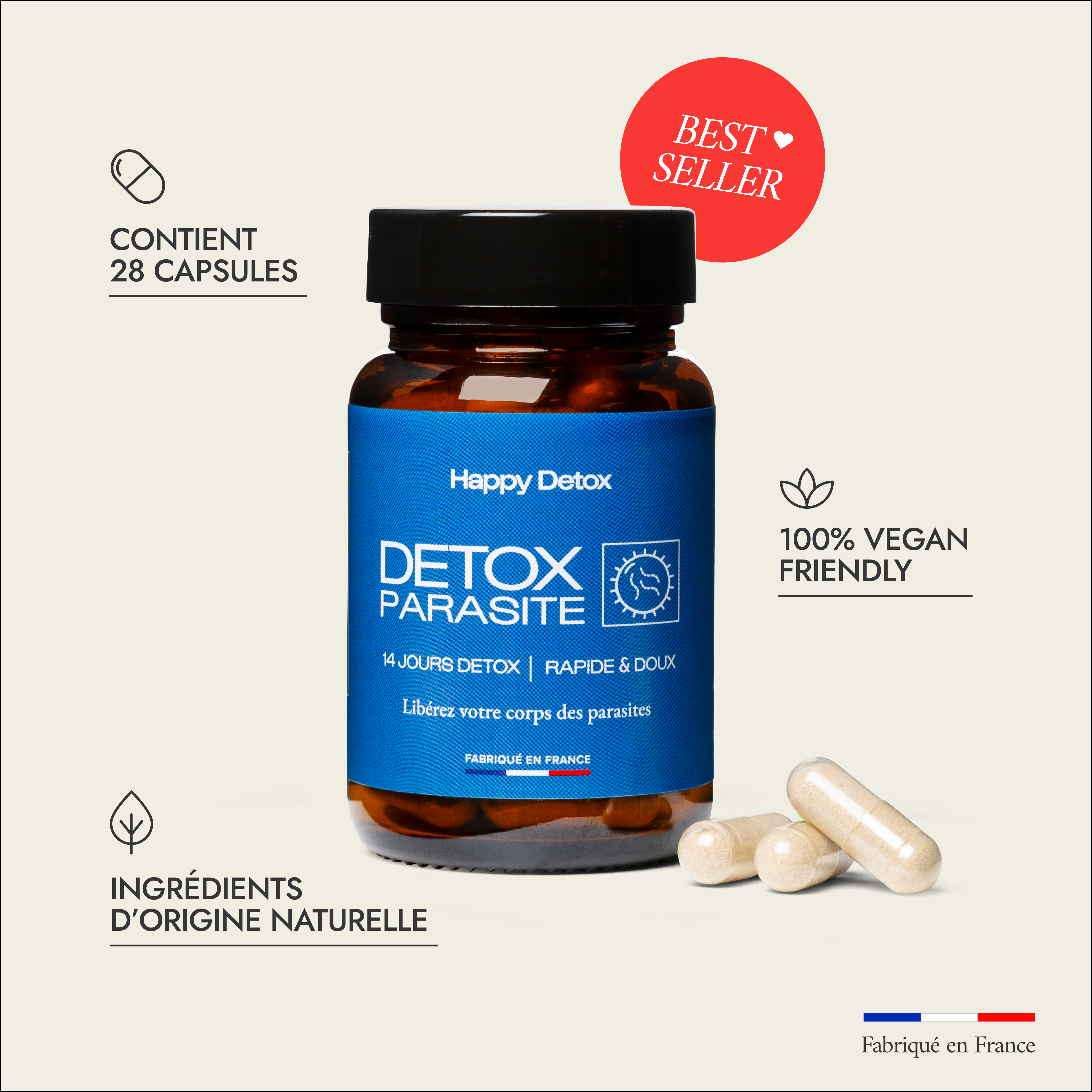 Detox Foie supplement bottle for a 14-day liver cleanse, labeled as a best seller.